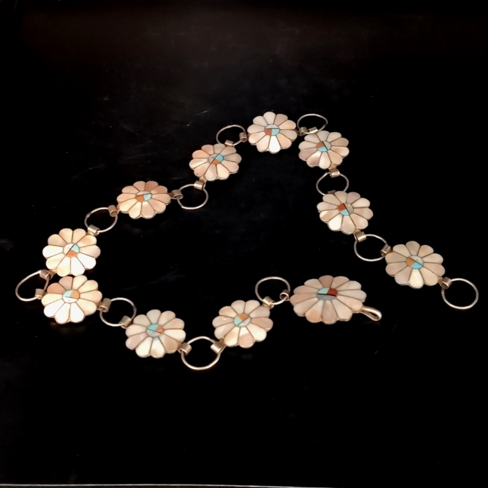 Sterling Silver Zuni Native American Sun Face MOP Turquoise Concho Belt Necklace - Picture 5 of 10